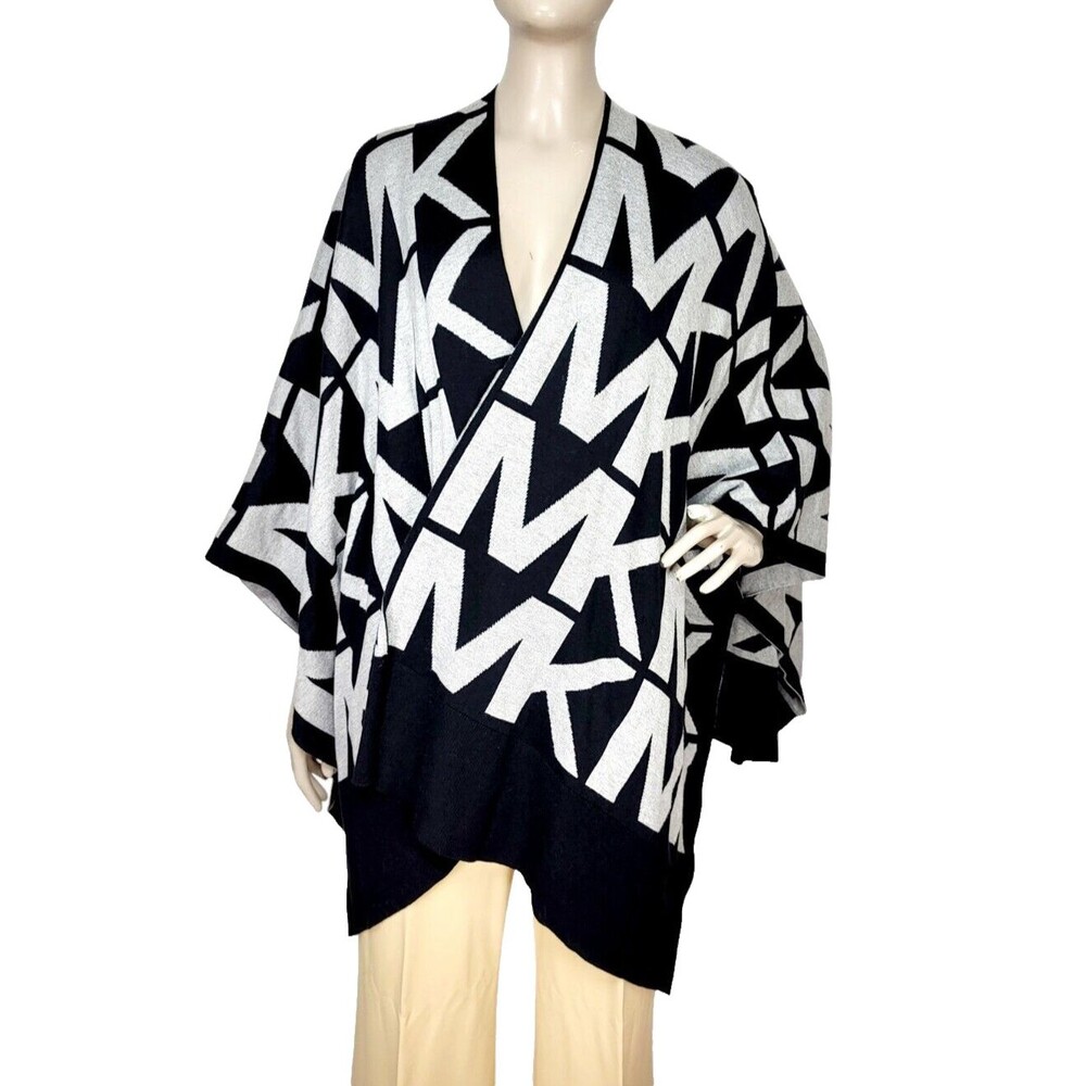 Michael Kors MK BLK/GRY Logo Knit Open Front Poncho Cape Sweater Weather L/XL
